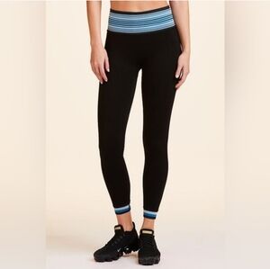ALALA WIDE BANDED BLUE STRIPED WAIST & ANKLES SEAMLESS BLACK LEGGINGS